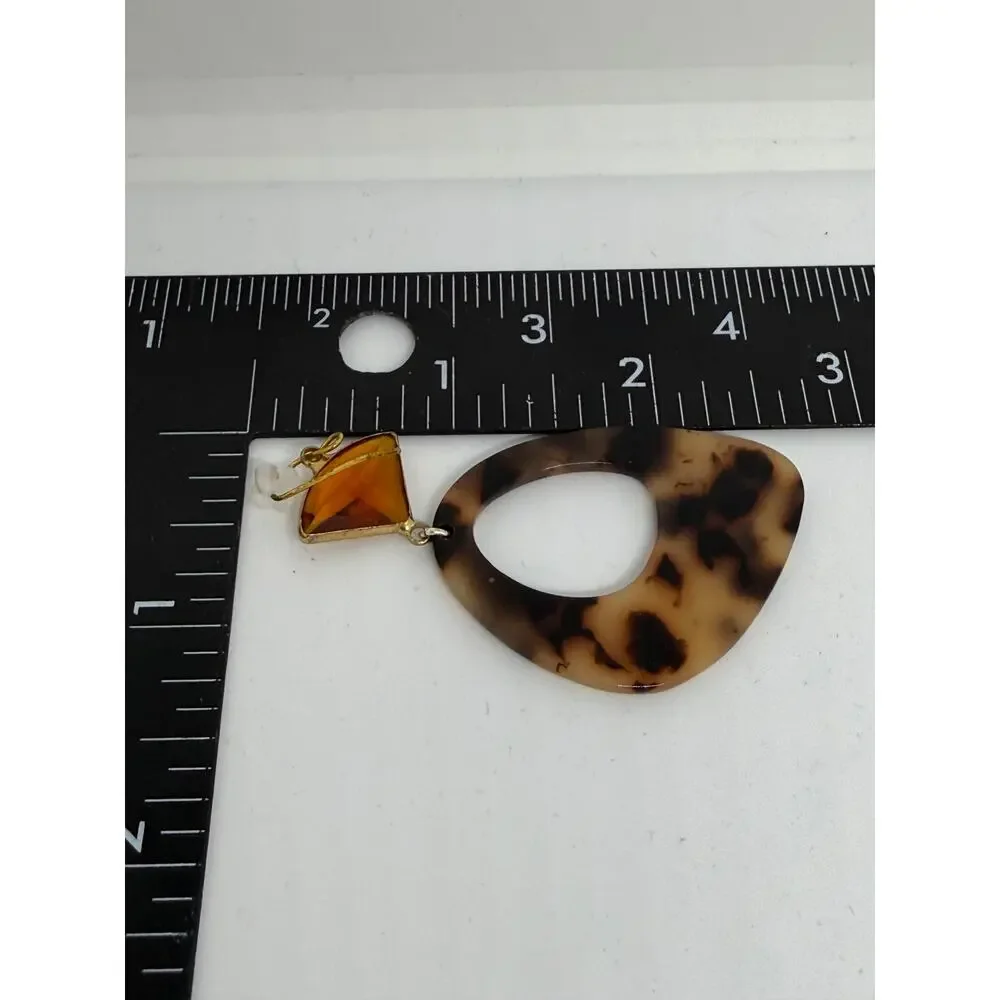Tortoise Shell Amber Resin Dangle Earrings Geometric Statement Goldtone Boho Mod